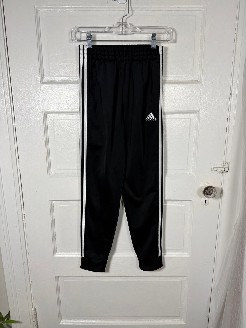 adidas Boys Black Jogger Pants White Side Stripes Cuffed Ankles Soccer Sports M